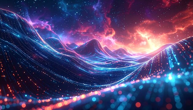 Abstract landscape with glowing lines and cosmic sky, evokes digital data flowing across a vibrant celestial plane