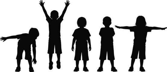 Children silhouettes collection, kids standing poses, playful childhood figures, expressive body language illustration, black silhouettes art, lifestyle design, vector children icons © Ja Shofik