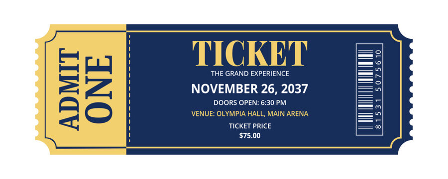 Elegant Navy Blue and Gold Event Ticket Vector Template - The Grand Experience Admission Pass with Barcode and Perforated Stub Design