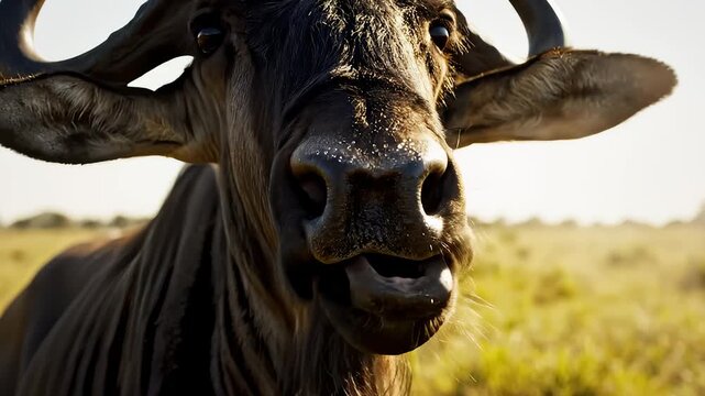 Close Up Of Wildebeest In African Savanna During Golden Hour