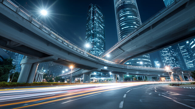 City highway road with car light trails in night long exposure photography