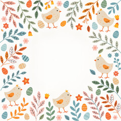 Obraz premium Easter border with cute chicks, eggs and spring flowers, flat pastel vector style, isolated