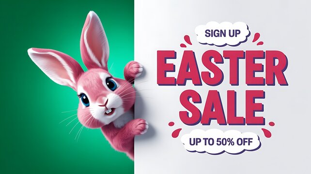 Cute bunny peeking from side with easter sale promotional banner