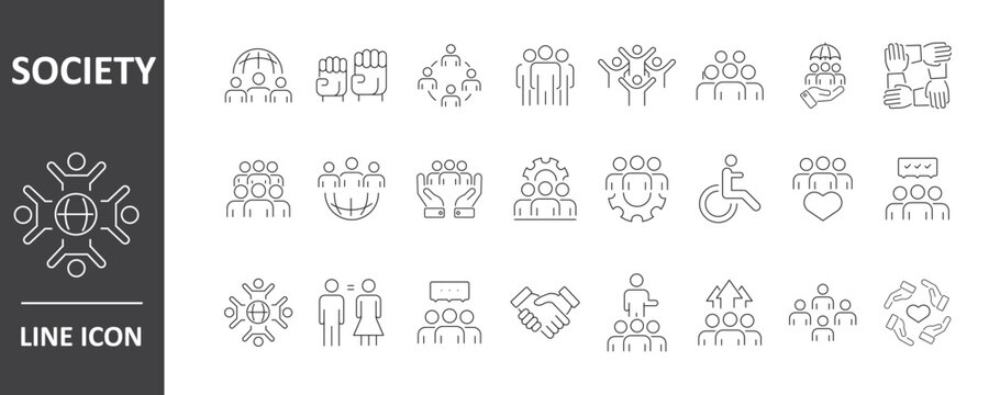 Society line icon set. Editable Stroke. Community, people, cooperation, unity, social, network - stock vector..eps