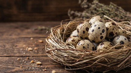 Obraz premium Macro photo of quail eggs in a nest arrangement on dark wooden surface, no faces, no text, delicate ingredient concept for gourmet food brand or culinary editorial, commercial use