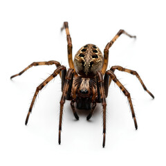 Closeup of a brown spider with intricate patterns on its back isolated on a white background.