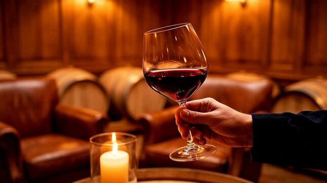 Hand holding a wine glass of red wine in front of wine barrels and a candle
