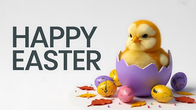 Cute baby chick hatching from easter egg festive spring greeting concept