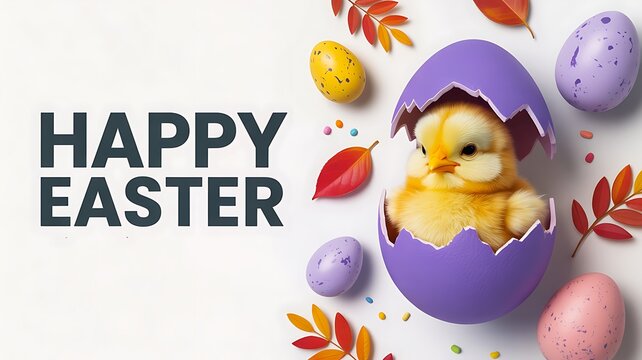 Cute baby chick hatching from easter egg festive spring greeting concept