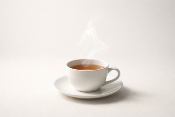 White ceramic teacup with steaming hot tea on saucer minimalist still life warm beverage morning relaxation