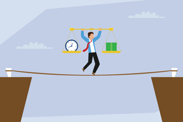 Fototapeta premium Financial and Time Management Balance: A Businessman Walking a Tightrope 2d flat vector illustration