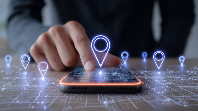 A finger selecting a location pin on a smartphone map representing mobile navigation, geolocation services, and digital route planning.
