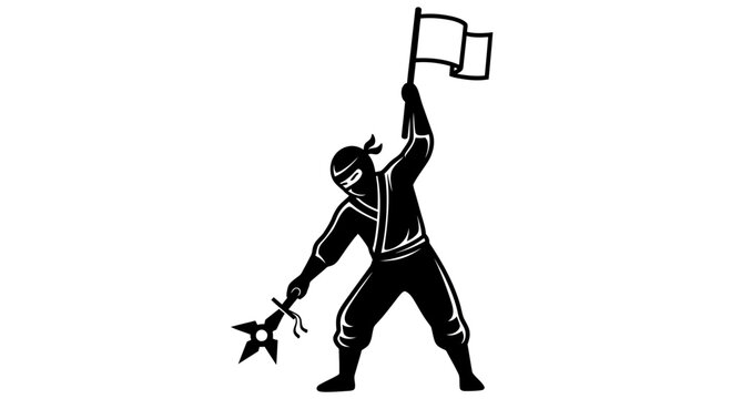 Ninja Warrior Holding Flag and Shuriken, Stealthy Fighter with Weapon, Victory Symbol