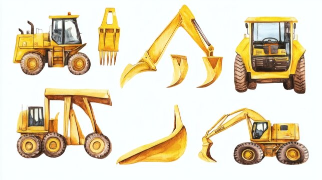 Watercolor set of yellow construction machines: excavators and wheel loader in different side views on white background, industrial equipment illustration.