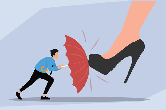 Man defending himself against corporate pressure with an umbrella 2d flat vector illustration