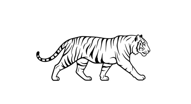 Majestic Tiger Silhouette Walking Side View, Black and White Line Art