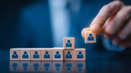 Hand placing a worker icon block on a row of team blocks, symbolizing recruitment selection, hiring strategy, and HR management concept.
