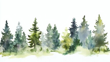 Fototapeta premium Watercolor painting of a pine forest landscape with varied green tones, soft washes and delicate tree silhouettes, airy white background