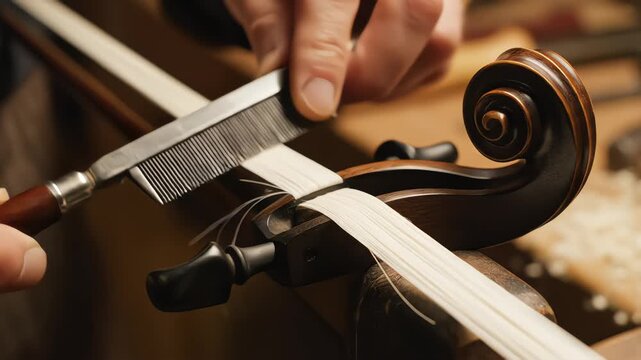 Close up of a luthiers hands using a fine metal comb on the horsehair of a stringed instrument with a carved wooden scroll in a traditional workshop