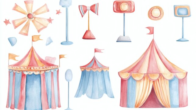 Watercolor circus tents, flags, balloons and props on white background, colorful festive carnival elements