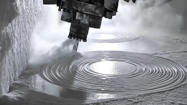 Heavy industrial roadheader machine carving circular patterns into a solid white surface while generating dust and debris