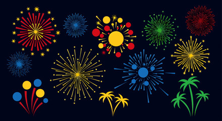 Fototapeta premium Colorful fireworks exploding in the night sky with palm trees silhouetted below, against a dark background.