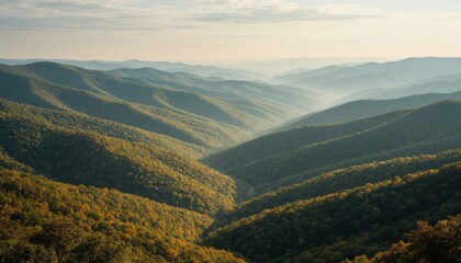 Obraz premium Panoramic autumn mountain valley with golden forests misty sunrise scenic landscape nature view