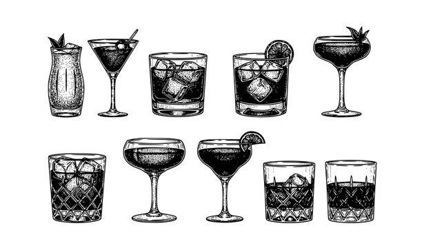 Vintage cocktail engraving set martini manhattan daiquiri old fashioned bar drinks vector