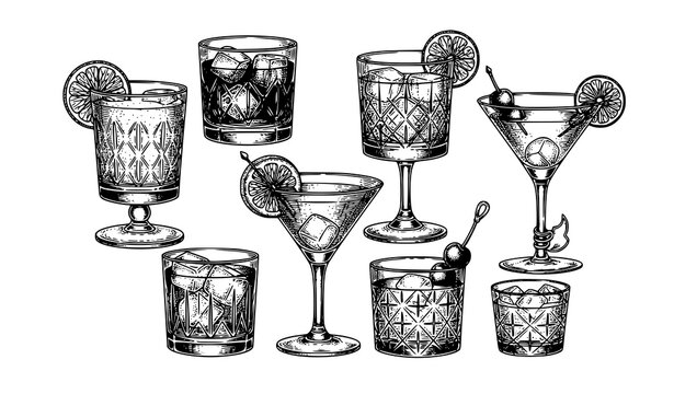 Classic cocktail drinks engraving vector martini daiquiri manhattan vintage bar illustration