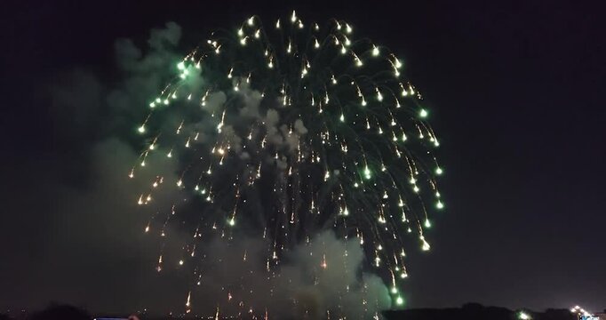 Bright fireworks explode in dark night sky with smoke