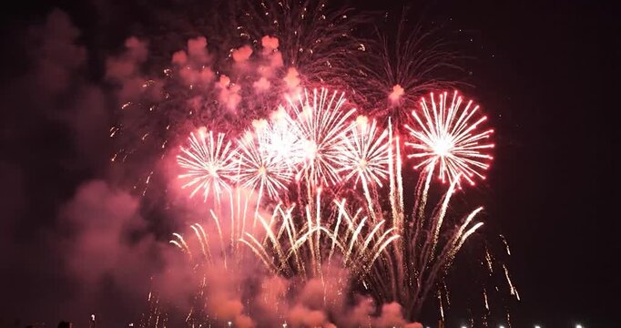 Colorful fireworks exploding brightly in the dark night sky