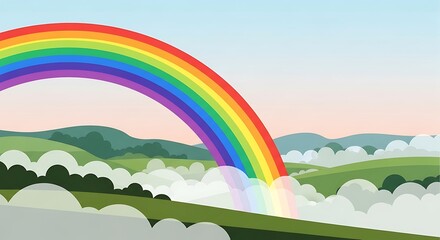 Vibrant Rainbow Arches Over Lush Green Landscape with Clouds.
