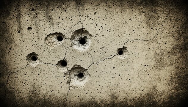 Bullet holes in cracked concrete: A stark close-up captures a weathered concrete surface, marked by bullet holes and cracks, evoking a sense of conflict and the passage of time.