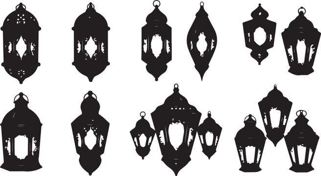 Collection of black lantern silhouettes on white background