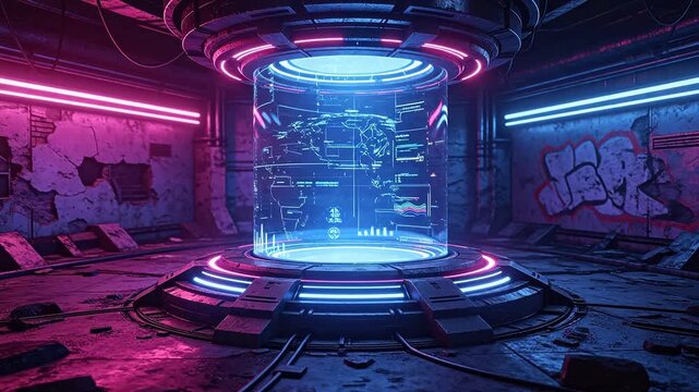Futuristic glowing cylinder in abandoned room
