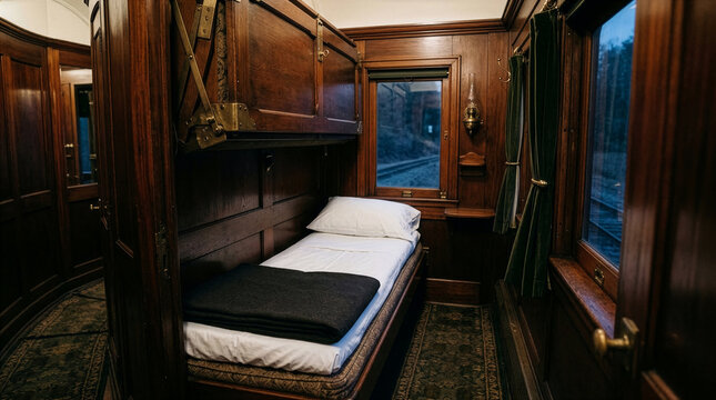 A cozy vintage train sleeper cabin with dark wood paneling, a narrow made-up bed, and curtained windows looking out at the tracks - Generative AI
