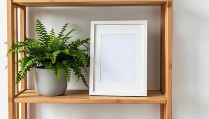 Fototapeta premium Aesthetic Arrangement: A minimalist composition features a blank frame and a lush fern, artfully displayed on a light wooden shelf, celebrating the synergy of nature and design.