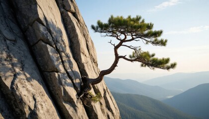 Naklejka premium Bonsai tree growing on rocky cliff edge with misty mountain landscape and serene blue sky background