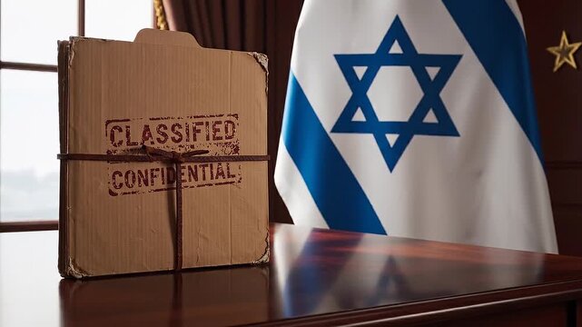 Classified manila folder with leather string on a mahogany desk; national flag of Israel on a ceremonial pole, symbolizing official government authority.