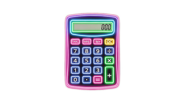 A colorful neon calculator on a with glowing pink and blue lights