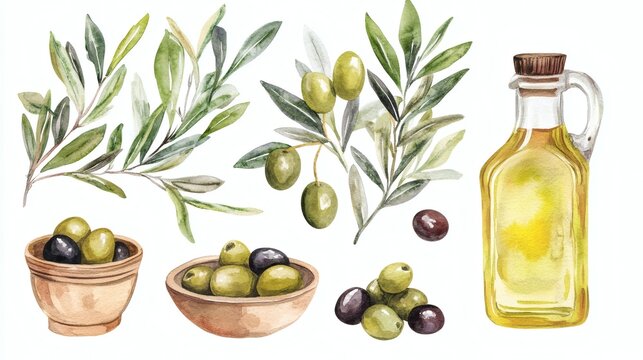 Watercolor illustration of olives, olive branches, olive oil bottles and bowls on white background