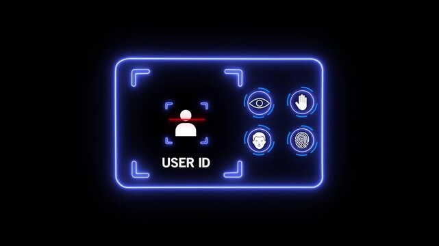 User ID authentication with biometric verification on a neon-lit interface , on Black Background and features 4k Motion graphics video