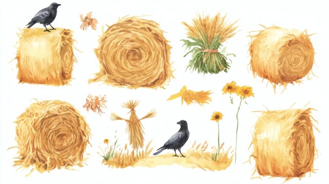 Watercolor illustrations of hay bales, wheat sheaves, grain stacks and blackbirds on white background, rustic agricultural collection