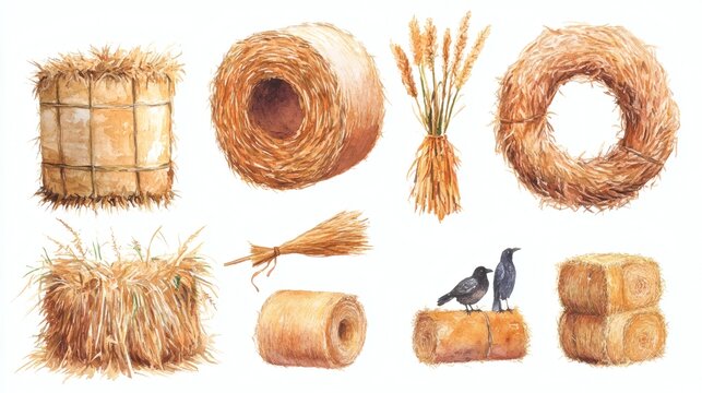 Watercolor illustrations of hay bales, wheat sheaves, grain stacks and blackbirds on white background, rustic agricultural collection