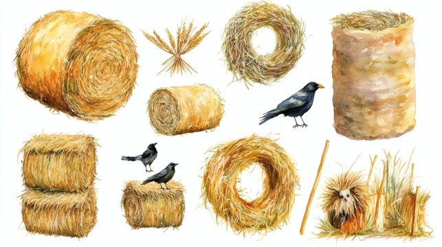 Watercolor illustrations of hay bales, wheat sheaves, grain stacks and blackbirds on white background, rustic agricultural collection