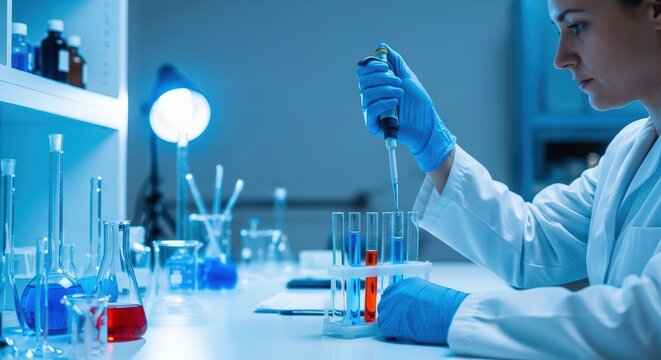 Researcher Conducting Science and Medical Experiments with Electron Microscope and Chemicals in State-of-the-Art Laboratory