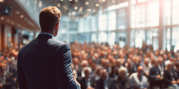 Business leaders are giving speeches on stage at a conference.