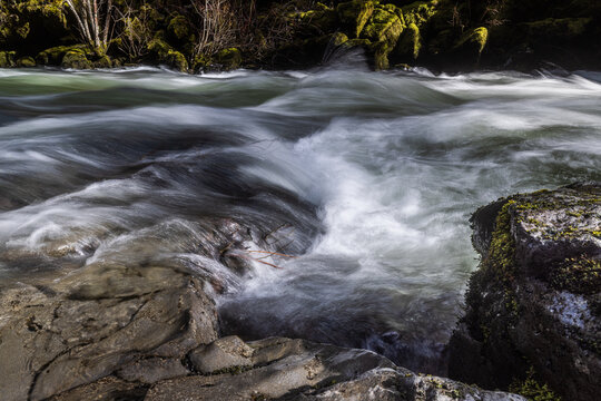 Rogue River above Union Creek, Oregon rushes over jagged stones. Mossy banks glow in golden sunlight. Nature's force moves through rocky terrain.