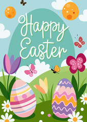 Happy Easter Greeting Card Illustration with Colorful Patterned Eggs, Spring Flowers, and Butterflies in a Scenic Green Meadow