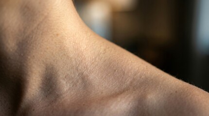 Fototapeta premium Close Up of Human Neck Skin Showing Fine Lines Wrinkles Aging Texture Detail
